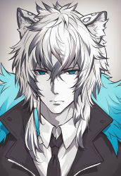 Rule 34 | 1boy, absurdres, animal ear fluff, animal ears, arknights, closed mouth, collared shirt, diieru, formal, grey background, hair between eyes, highres, jacket, long hair, looking at viewer, male focus, monochrome, necktie, shirt, silverash (arknights), solo, spot color, suit, upper body, v-shaped eyebrows