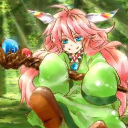 Rule 34 | 1boy, 1girl, ahoge, androgynous, blue eyes, feather hair ornament, feathers, hair ornament, kaya (starlocca), oversized clothes, popoi (seiken densetsu 2), red hair, seiken densetsu, seiken densetsu 2, sleeves past wrists, solo, staff
