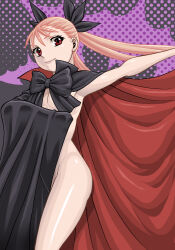 1girl black_cloak blonde_hair cloak dance_in_the_vampire_bund flat_chest long_hair mina_tepes naked_cloak red_eyes smile solo tamaki_nozomu twintails two-sided_cloak two-sided_fabric vampire