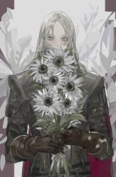 Rule 34 | 1girl, absurdres, ascot, bloodborne, blue eyes, cape, coat, flower, gem, gloves, hair down, hat, highres, holding, lady maria of the astral clocktower, long hair, looking at viewer, nslacka, simple background, solo, sunflower, tricorne, white hair