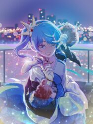 Rule 34 | absurdres, bibideba (hololive), blue dress, blue eyes, blue hair, blurry, blurry background, blush, bokeh, breasts, city lights, collarbone, commentary request, depth of field, dress, elbow gloves, fur sleeves, gloves, high heels, highres, holding, holding clothes, holding footwear, hololive, hoshimachi suisei, ivuki, light particles, medium hair, night, one eye closed, skyline, small breasts, smile, sparkle, star (symbol), star in eye, symbol in eye, teeth, tiara, unworn footwear, virtual youtuber, white dress, white gloves
