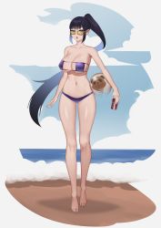 Rule 34 | 1girl, absurdres, ball, bare shoulders, barefoot, beach, beachball, belly, bikini, black hair, breasts, can, cleavage, cloud, cojohn, cola, collarbone, drink can, female focus, full body, glasses, highres, lanmei, large breasts, long hair, looking at viewer, looking over eyewear, looking over glasses, navel, ocean, open mouth, orange-tinted eyewear, orange-tinted glasses, original, outdoors, purple bikini, sky, soda can, solo, standing, sunglasses, swimsuit, tagme, thighs, tinted eyewear, very long hair