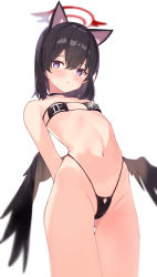 Rule 34 | 1girl, :&lt;, absurdres, animal ears, animal hands, arms behind back, bare shoulders, bikini, black bikini, black choker, black hair, black wings, blue archive, blue eyes, blush, breasts, cameltoe, cat ears, choker, closed mouth, collarbone, covered erect nipples, cowboy shot, eyepatch bikini, fake animal ears, hair between eyes, halo, highleg, highleg bikini, highres, looking at viewer, mashiro (blue archive), mini wings, mirai (mirai 2005), navel, purple eyes, short hair, simple background, skindentation, small breasts, solo, string bikini, sweat, swimsuit, white background, wings