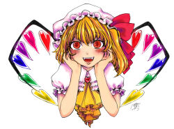 Rule 34 | 1girl, ascot, blonde hair, blush, cropped torso, fangs, flandre scarlet, frilled shirt collar, frilled sleeves, frills, hands on own cheeks, hands on own face, hasebe (model21), heart, heart wings, highres, looking at viewer, medium hair, multicolored wings, one side up, open mouth, puffy short sleeves, puffy sleeves, red brooch, red eyes, shirt, short sleeves, solo, teeth, touhou, upper teeth only, white headwear, white shirt, wings, yellow ascot