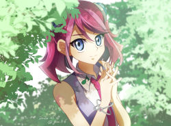 Rule 34 | 1girl, 2020, blue eyes, closed mouth, collared shirt, dappled sunlight, dated, day, hair between eyes, hiiragi yuzu, long hair, looking at viewer, multicolored hair, musical note, necktie, outdoors, own hands clasped, own hands together, pink hair, red hair, red necktie, shirt, signature, sleeveless, sleeveless shirt, smile, solo, streaked hair, sunlight, twintails, twitter username, two-tone hair, upper body, white shirt, wing collar, yu-gi-oh!, yu-gi-oh! arc-v, yun yu