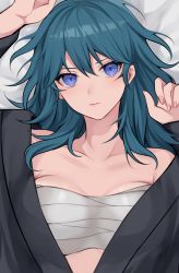 Rule 34 | 1girl, bandages, bandeau, banned artist, bare shoulders, bed sheet, black robe, blue eyes, blue hair, breasts, byleth (female) (fire emblem), byleth (fire emblem), chest sarashi, commentary, fire emblem, fire emblem: three houses, hair between eyes, highres, large breasts, lips, long hair, looking at viewer, lying, nintendo, off shoulder, on back, robe, sarashi, shimizu akina, solo, strapless, tube top, upper body