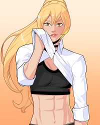 Rule 34 | 1girl, abs, absurdres, black bra, blonde hair, bra, cadhla182, choker, clothes lift, commission, commissioner upload, gradient background, highres, katherine orlovsky, muscular, muscular female, original, ponytail, shirt, shirt lift, solo, sports bra, underwear, white shirt, wiping face, yellow background, yellow eyes