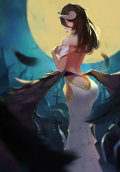 Rule 34 | 1girl, albedo (overlord), ass, backless dress, backless outfit, black hair, black wings, brs (zjm zym), butt crack, demon girl, demon horns, dress, feathered wings, from behind, full moon, hip vent, horns, long hair, low wings, moon, no gloves, no panties, overlord (maruyama), smile, solasuki, solo, white dress, wings, yellow eyes