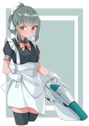 Rule 34 | 1girl, absurdres, alternate costume, apron, black thighhighs, blunt bangs, bow, bowtie, brown eyes, cowboy shot, enmaided, gloves, green hair, hair bow, highres, holding, kantai collection, looking at viewer, maid, maid apron, ponytail, short sleeves, smile, solo, thighhighs, uut, vacuum cleaner, white bow, white gloves, yuubari (kancolle), yuubari kai ni (kancolle), zettai ryouiki