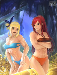 Rule 34 | 2girls, abs, bandeau, bikini, blonde hair, blue bikini, blue hair, breasts, brown eyes, cleavage, coin, cowboy shot, crossed arms, earrings, erza scarlet, fairy tail, gold, grin, happy, highres, indoors, jewelry, large breasts, long hair, looking at viewer, lucy heartfilia, midriff, multiple girls, muscular, muscular female, navel, neck, one side up, open mouth, paiple-r, ponytail, red hair, smile, standing, strapless, strapless bikini, swimsuit, treasure, underboob