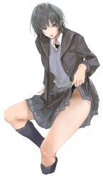 Rule 34 | 1girl, absurdres, amagami, black eyes, black hair, black jacket, black sailor collar, black socks, blazer, blue sweater, blush, clothes lift, collared shirt, feet out of frame, flashing, grey skirt, highres, invisible chair, jacket, kibito high school uniform, kneehighs, long sleeves, looking at viewer, nanasaki ai, one-piece swimsuit, open mouth, pleated skirt, sailor collar, school uniform, shirt, short hair, simple background, sitting, skirt, skirt lift, socks, solo, sweater, swimsuit, swimsuit under clothes, takashi (cry 191), thighs, white background, white shirt