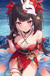 Rule 34 | 1girl, bare shoulders, bell, black choker, breasts, brown hair, butterfly in eye, choker, cleavage, collarbone, commentary, criss-cross halter, detached sleeves, dress, english commentary, fox mask, fox shadow puppet, gold trim, hair ornament, halterneck, highres, hitsukuya, honkai: star rail, honkai (series), jingle bell, large breasts, long hair, looking at viewer, mask, mask on head, neck bell, obi, pelvic curtain, pink eyes, red dress, sash, short dress, sitting, smile, solo, sparkle (honkai: star rail), thighs, twintails, water