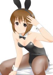 Rule 34 | 1girl, animal ears, bare shoulders, bob cut, bow, bowtie, breasts, brown eyes, brown hair, cleavage, detached collar, fake animal ears, ginnote, hagiwara yukiho, idolmaster, idolmaster (classic), leotard, looking at viewer, pantyhose, playboy bunny, rabbit ears, rabbit tail, short hair, sitting, small breasts, solo, tail, wrist cuffs