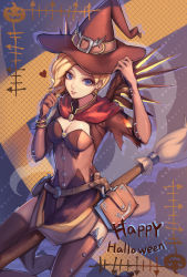 Rule 34 | 1girl, abstract background, blonde hair, blue eyes, book, breasts, brooch, broom, broom riding, brown gloves, brown thighhighs, capelet, cleavage, cowboy shot, earrings, elbow gloves, finger to cheek, gloves, halloween, halloween costume, hand on headwear, happy halloween, hat, heart, highres, jack-o&#039;-lantern, jack-o&#039;-lantern earrings, jewelry, looking at viewer, mao wan, mechanical wings, medium breasts, mercy (overwatch), official alternate costume, overwatch, overwatch 1, parted lips, pelvic curtain, short sleeves, smile, solo, strap, thighhighs, wings, witch, witch hat, witch mercy