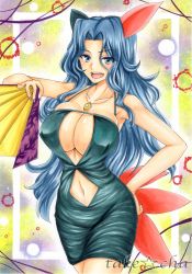 Rule 34 | 1girl, artist name, bare shoulders, blue dress, blue eyes, blue hair, blush, breasts, cleavage, cleavage cutout, clothing cutout, cosplay, covered erect nipples, creatures (company), dress, elite four, game freak, gen 2 pokemon, hand fan, hand on own hip, highres, holding, holding fan, jewelry, karen (pokemon), large breasts, long hair, looking at viewer, marker (medium), matching hair/eyes, nail polish, navel, navel cutout, necklace, nintendo, open mouth, pokemon, pokemon hgss, purple nails, sleeveless, sleeveless dress, sneasel, sneasel (cosplay), solo, takecha, traditional media