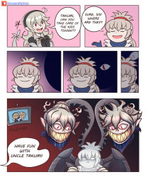 Rule 34 | 2girls, 3boys, ahoge, artist name, brother, brother and sister, claws, closed mouth, corrin (female) (fire emblem), corrin (fire emblem), corrin (male) (fire emblem), egg, fire emblem, fire emblem fates, fire emblem if, grey hair, hairband, handkerchief, highres, intelligent systems, kana (female) (fire emblem), kana (fire emblem), kana (male) (fire emblem), long hair, multiple boys, multiple girls, nintendo, open mouth, photo (object), ponytail, raydango, saliva, scarf, sharp teeth, siblings, simple background, sister, speech bubble, tail, takumi (fire emblem), teeth, wings