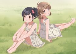 Rule 34 | 2girls, ahoge, arm support, bare legs, barefoot, black hair, blue eyes, blush, brown eyes, brown hair, child, collarbone, commentary, dress, flat chest, frilled dress, frills, hair bobbles, hair ornament, highres, hugging own legs, idolmaster, idolmaster million live!, idolmaster million live! theater days, lace, lace-trimmed dress, lace trim, legs, looking at viewer, low twintails, multiple girls, nakatani iku, official alternate hairstyle, on grass, sitting, smile, suou momoko, thighs, twintails, white dress, yukiho kotori