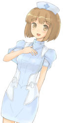 Rule 34 | 00s, 1girl, bad id, bad pixiv id, blush, brown eyes, brown hair, dress, female focus, ghost in the shell, ghost in the shell stand alone complex, kurutan, nurse, retorillo, short hair, simple background, smile, solo, white background