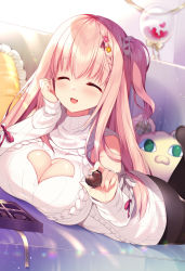 Rule 34 | 1girl, bed, black pantyhose, box, braid, braided bangs, breasts, chocolate, cleavage, cleavage cutout, closed eyes, clothing cutout, food, hair between eyes, hair ornament, head rest, highres, holding, holding chocolate, holding food, indoors, long hair, looking at viewer, lying, medium breasts, miharu (ringo sui), on stomach, one side up, original, pantyhose, pink hair, resolution mismatch, ringo sui, sidelocks, solo, source smaller, sweater, turtleneck, turtleneck sweater