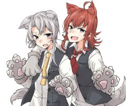 Rule 34 | 2girls, ahoge, animal ears, animal hands, arashi (kancolle), arm around shoulder, asymmetrical hair, black vest, blue eyes, blush, fang, gloves, grey hair, kantai collection, multiple girls, nowaki (kancolle), open mouth, paw gloves, red hair, red neckwear, rindou (rindou annon), shirt, simple background, sweat, tail, upper body, vest, white background, white shirt, wolf ears, wolf tail, yellow neckwear