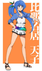 Rule 34 | 1girl, adapted costume, alternate eye color, alternate hairstyle, bad id, bad pixiv id, bare legs, blouse, blue eyes, blue hair, feet, female focus, food, fruit, fuantei, hand on own hip, hinanawi tenshi, matching hair/eyes, orange background, peach, ponytail, sandals, shirt, shorts, smile, solo, touhou