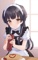 Rule 34 | :/, absurdres, blush, bow, bowtie, cherry tomato, commentary, dot nose, food, heart, highres, idolmaster, idolmaster shiny colors, indoors, ketchup, ketchup bottle, long hair, looking at viewer, maid, maid headdress, mayuzumi fuyuko, mochiko (uyu omochi), name tag, omelet, omurice, short sleeves, tomato