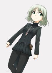 Rule 34 | 1girl, absurdres, alternate color, commentary, dutch angle, green eyes, highres, makaze (t-junction), necktie, pantyhose, pleated skirt, pouch, sanya v. litvyak, short hair, silver hair, simple background, skirt, smile, solo, strike witches, walking, white background, world witches series