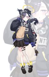 Rule 34 | 1girl, alternate costume, animal ears, black footwear, black hair, black jacket, black skirt, blue archive, blush, cheenack, choker, dog ears, dog tail, hair ornament, hairclip, halo, hibiki (blue archive), highres, jacket, long hair, long sleeves, multiple views, open clothes, open jacket, parted lips, pleated skirt, purple choker, purple eyes, shoes, simple background, skirt, tail, twitter, white background, x hair ornament, yellow halo, zoom layer