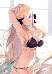 Rule 34 | 1girl, arm up, armpits, bad id, bad pixiv id, bare arms, bare shoulders, bed sheet, black bow, black bra, black panties, blonde hair, blue eyes, blue hair, blush, bow, bra, breasts, cleavage, collarbone, commentary request, cowboy shot, gradient hair, groin, hair between eyes, hair bow, hand up, highres, large breasts, long hair, multicolored hair, navel, noto kurumi, panties, parted lips, princess connect!, saren (princess connect!), solo, underwear, underwear only, very long hair, window