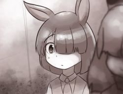Rule 34 | 2girls, :|, arai-san mansion, blurry, carnivore (kemono friends) (abubu), closed mouth, commentary request, depth of field, greyscale, hair over one eye, herbivore (kemono friends) (abubu), highres, indoors, kemono friends, monochrome, multiple girls, necktie, nullpotower, short hair
