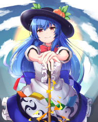 Rule 34 | 1girl, absurdres, back bow, backlighting, black hat, blue bow, blue hair, bow, bowtie, breasts, center frills, closed mouth, cloud, cloudy sky, commentary request, cowboy shot, day, fisheye, food, foreshortening, frills, from below, fruit, hair between eyes, hat, highres, hinanawi tenshi, hira-san, light blush, long hair, looking at viewer, outdoors, peach, petticoat, planted, planted sword, planted weapon, puffy short sleeves, puffy sleeves, red bow, red bowtie, red eyes, shirt, short sleeves, sky, small breasts, smile, solo, standing, sun, sword, sword of hisou, touhou, v-shaped eyebrows, very long hair, weapon, white shirt