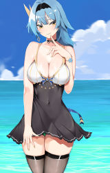 Rule 34 | 1girl, absurdres, asymmetrical eyewear, bad id, bad pixiv id, bare shoulders, beach, black thighhighs, blue hair, blue sky, blush, breasts, choker, cleavage, dress, earrings, eula (genshin impact), finger to mouth, genshin impact, hair ornament, headband, highres, jewelry, large breasts, looking at viewer, mutsu ane daisuki, navel, ocean, outdoors, panties, pantyshot, sky, smile, solo, standing, thick thighs, thighhighs, thighs, underwear, water, yellow eyes, zettai ryouiki