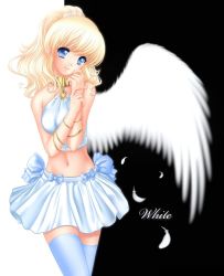 Rule 34 | 1girl, angel, angel wings, artist name, bare shoulders, blonde hair, blue eyes, hitana, midriff, original, solo, thighhighs, wings, zettai ryouiki