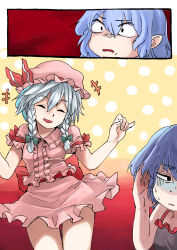 Rule 34 | +++, 2girls, averting eyes, blue hair, bow, braid, center frills, closed eyes, cosplay, d:, disgust, frilled shirt collar, frilled skirt, frilled sleeves, frills, frown, furrowed brow, green bow, grey hair, hair between eyes, hair bow, hands up, happy, hat, hat ribbon, highres, izayoi sakuya, mob cap, multiple girls, open mouth, pink headwear, pink shirt, pink skirt, polka dot, polka dot background, red bow, red ribbon, remilia scarlet, remilia scarlet (cosplay), ribbon, rightorisamraido3, shaded face, shirt, short hair, short sleeves, skirt, skirt set, sleepwear, surprised, sweat, touhou, twin braids, waist bow, wide-eyed, yellow background