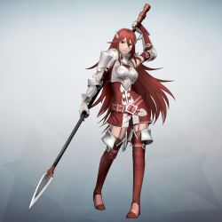 Rule 34 | 1girl, 3d, armor, belt, boobplate, boots, breastplate, commentary request, cordelia (fire emblem), elbow gloves, fire emblem, fire emblem awakening, fire emblem warriors, full body, garter straps, gauntlets, gloves, gradient background, grey background, highres, long hair, looking at viewer, nintendo, official art, polearm, red eyes, red hair, red thighhighs, simple background, skirt, smile, solo, spear, thigh boots, thighhighs, thighs, weapon, zettai ryouiki