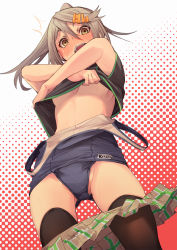 Rule 34 | 1girl, black thighhighs, blush, breasts, brown eyes, clothes pull, cowboy shot, fu-ta, full-face blush, grey hair, hair ornament, hairclip, highres, long hair, looking at viewer, one-piece swimsuit, open mouth, original, ponytail, school swimsuit, skirt, skirt pull, small breasts, solo, standing, sweat, swimsuit, teeth, thighhighs, underboob, undressing, usami taiga