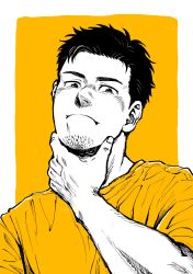 Rule 34 | 1boy, 3kakubg, beard, black hair, border, character request, copyright request, facial hair, frown, hand on own chin, highres, looking at viewer, male focus, mature male, monochrome, original, portrait, shirt, short hair, simple background, solo, white border, yellow background, yellow shirt