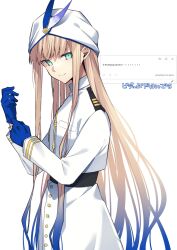 1boy androgynous belt black_belt blonde_hair blue_feathers blue_gloves blue_hair buttons closed_mouth ebi_fly_55 fate/grand_order fate/grand_order_arcade fate_(series) feathers from_side glove_pull gloves gradient_hair green_eyes hat hat_feather highres light_smile long_hair long_sleeves looking_at_viewer looking_back male_focus military_uniform multicolored_hair naval_uniform nemo_(fate/grand_order_arcade) nemo_(first_ascension)_(fate/grand_order_arcade) request_inset sidelocks simple_background solo straight_hair translation_request turning_head very_long_hair white_background white_hat