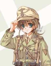 Rule 34 | 1girl, afrika korps, ammunition pouch, belt buckle, blush, bow, brown hair, buckle, epaulettes, hair bow, hand on headwear, hat, load bearing equipment, longmei er de tuzi, looking at viewer, low ponytail, military, military uniform, original, pouch, smile, soldier, uniform, upper body, world war ii