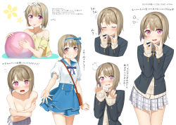 Rule 34 | apollo (hu maple), asymmetrical hair, black jacket, blazer, blush, bob cut, breasts, brown hair, buttons, cleavage, collared shirt, crescent, crescent hair ornament, dress shirt, grey hair, hair ornament, hairclip, highres, jacket, long sleeves, love live!, love live! nijigasaki high school idol club, multiple views, nakasu kasumi, navel, neck ribbon, nijigasaki school uniform, red eyes, ribbon, school uniform, shirt, short hair, skirt, white shirt, white skirt, winter uniform