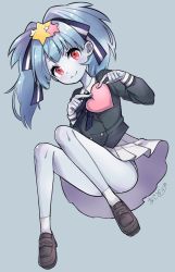 Rule 34 | 10s, 1girl, ajito, blue hair, blue skin, blush, colored skin, commentary, female focus, hair ornament, hair ribbon, heart, highres, hoshikawa lily, loafers, panties, panty peek, red eyes, ribbon, school uniform, shoes, signature, simple background, solo, star (symbol), star hair ornament, striped clothes, striped panties, twintails, underwear, zombie, zombie land saga