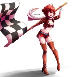 Rule 34 | 1girl, bandeau, belt, boots, breasts, checkered flag, cleavage, fire emblem, flag, high heel boots, high heels, highres, hinoka (fire emblem), jacket, midriff, miniskirt, navel, nintendo, race queen, red eyes, red hair, red thighhighs, scarf, short hair, skirt, small breasts, solo, strapless top, thigh boots, thighhighs, will (willanator93)