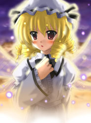 Rule 34 | 1girl, blonde hair, drill hair, eastern and little nature deity, exe (artist), female focus, luna child, red eyes, solo, touhou, touhou sangetsusei, wings, xe (execut3r)
