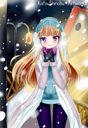 Rule 34 | 1girl, alternate costume, artist name, black gloves, blonde hair, blunt bangs, blurry, blush, breath, closed mouth, coat, cowboy shot, depth of field, dress, earmuffs, fur trim, gloves, hat, headphones, highres, holding hands, katou shinobu, lamppost, league of legends, light brown hair, light smile, long coat, long sleeves, looking at viewer, night, night sky, open clothes, open coat, outdoors, own hands together, pantyhose, purple eyes, purple pantyhose, railing, raised eyebrows, scarf, short dress, sidelocks, sky, smile, snow, snow day syndra, snowing, solo, standing, striped, sweater, sweater dress, syndra, vertical stripes, winter clothes