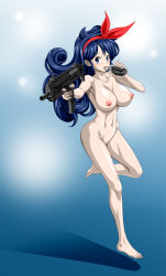 Rule 34 | 1girl, armpits, blue eyes, blue hair, blush, breasts, curly hair, dragon ball, explosive, feet, full body, gradient background, grenade, groin, hair ribbon, highres, holding, holding weapon, large breasts, legs, long hair, lunch (dragon ball), matching hair/eyes, navel, nel-zel formula, nipples, no pussy, nude, open mouth, ribbon, shadow, simple background, smile, solo, standing, thighs, toes, weapon