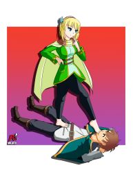 Rule 34 | 1boy, 1girl, absurdres, arlioth, artist name, barefoot, blonde hair, breasts, brown hair, bulge, cape, cayna, clothed sex, crossover, denki anma, dress, elf, erection, erection under clothes, feather hair ornament, feet, foot worship, footjob, footjob over clothes, girl on top, green dress, green eyes, hair ornament, hairband, highres, kono subarashii sekai ni shukufuku wo!, large breasts, leadale no daichi nite, lying, older woman and younger man, on back, pointy ears, satou kazuma, short hair, simple background, smile, standing, standing on person, stepped on, toe sucking, toes, trample