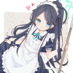 Rule 34 | 1girl, absurdly long hair, absurdres, apron, aqua halo, aris (blue archive), aris (maid) (blue archive), black dress, black hair, blue archive, blue eyes, closed mouth, dress, frilled apron, frills, green halo, halo, heart, highres, long hair, looking at viewer, maid headdress, official alternate costume, puffy short sleeves, puffy sleeves, rectangular halo, saekiya sabou, short sleeves, smile, solo, twitter username, very long hair, white apron