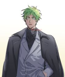 Rule 34 | 1boy, artist name, black coat, coat, coat on shoulders, drggarashi, english text, green eyes, green hair, hand in pocket, lo po bia traumerei, looking at viewer, male focus, open clothes, open coat, open mouth, parted bangs, short hair, solo, tower of god, turtleneck, twitter username, white background