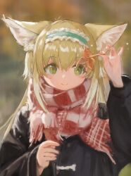 Rule 34 | 1girl, animal ear fluff, animal ears, arknights, arm up, black jacket, blonde hair, blue hairband, blurry, blurry background, closed mouth, commentary request, depth of field, fox ears, frilled hairband, frills, fringe trim, green eyes, gumiaoandpeace, hair between eyes, hairband, highres, holding, holding leaf, jacket, leaf, long hair, long sleeves, puffy long sleeves, puffy sleeves, scarf, sleeves past wrists, smile, solo, striped clothes, striped scarf, suzuran (arknights), suzuran (spring praise) (arknights), upper body