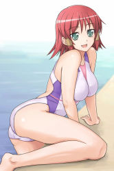 Rule 34 | 1girl, barefoot, competition swimsuit, e20, green eyes, one-piece swimsuit, pool, poolside, quiz magic academy, red hair, ruquia, short hair, solo, swimsuit